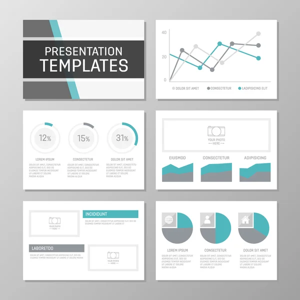 Conjunto de plantilla gris y turquesa para diapositivas de presentación polivalentes. Folleto, informe anual, diseño de portada de libro . — Vector de stock