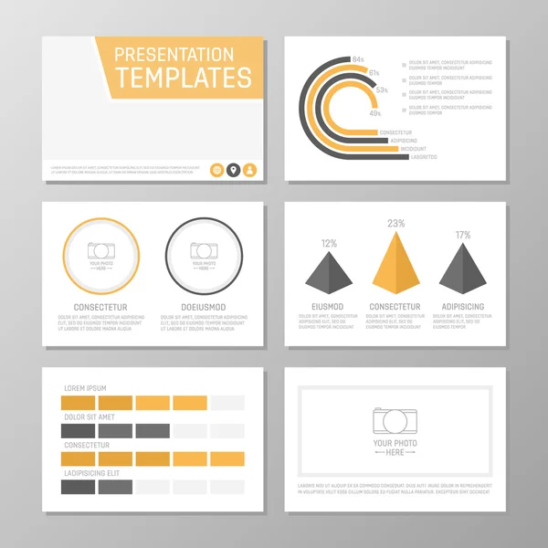 Conjunto de plantillas gris y naranja para diapositivas de presentación polivalentes. Folleto, informe anual, diseño de portada de libro . — Vector de stock