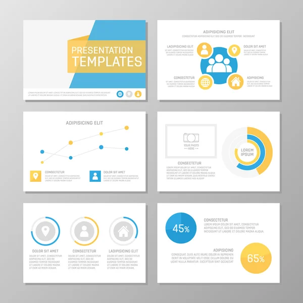 Conjunto de plantillas azul y amarillo para diapositivas de presentación polivalentes. Folleto, informe anual, diseño de portada de libro . — Archivo Imágenes Vectoriales