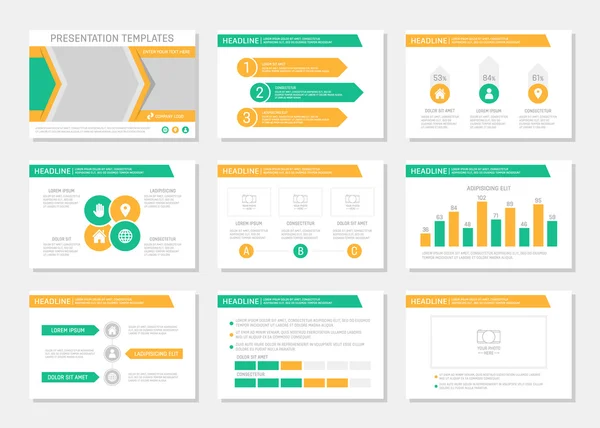 Набір зеленого і жовтого шаблонів для багатоцільових слайдів презентації. Листівка, щорічний звіт, дизайн обкладинки книг . — стоковий вектор