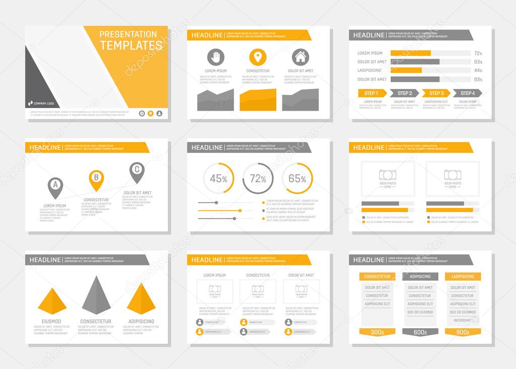 Set of gray and yellow template for multipurpose presentation slides. Leaflet, annual report, book cover design.