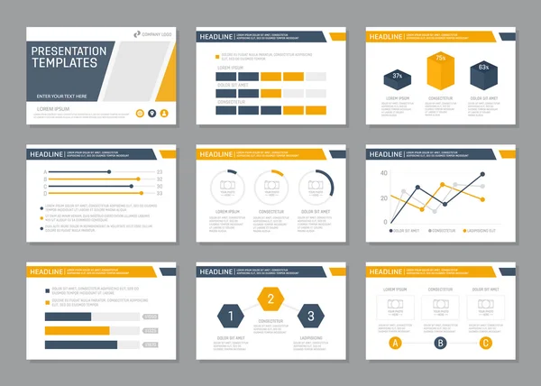 Set of blue and orange template for multipurpose presentation slides with graphs and charts. Leaflet, annual report, book cover design. — Stock Vector