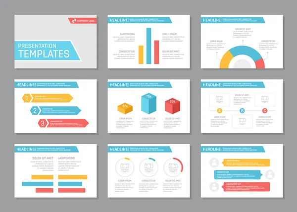 Conjunto de modelos multicoloridos para slides de apresentação multiusos com gráficos e gráficos. Folheto, relatório anual, desenho da capa do livro . — Vetor de Stock