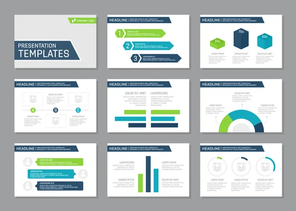 Conjunto de modelo azul e verde para slides de apresentação multiúso com gráficos e gráficos. Folheto, relatório anual, desenho da capa do livro . — Vetor de Stock