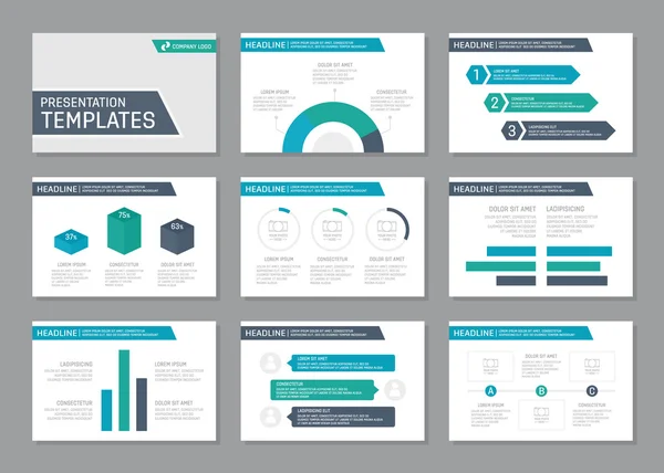 Conjunto de modelo azul para slides de apresentação multiúso com gráficos e gráficos. Folheto, relatório anual, desenho da capa do livro . — Vetor de Stock