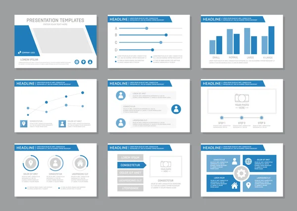 Sada modré šablony pro víceúčelové prezentace snímků s grafy a tabulky. Leták, výroční zpráva, kniha obalový design. — Stockový vektor