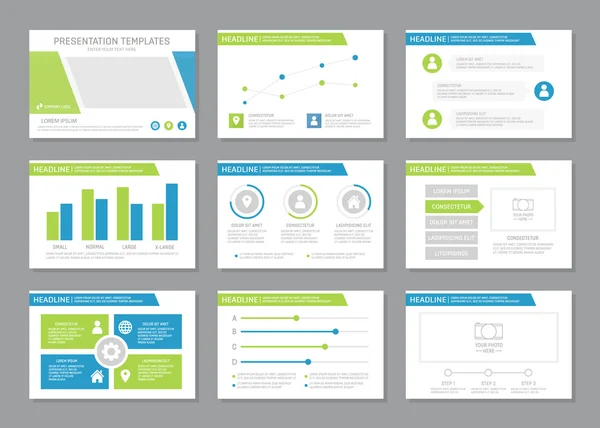 Set di modelli blu e verde per diapositive di presentazione multiuso con grafici e grafici. Opuscolo, relazione annuale, copertina del libro . — Vettoriale Stock