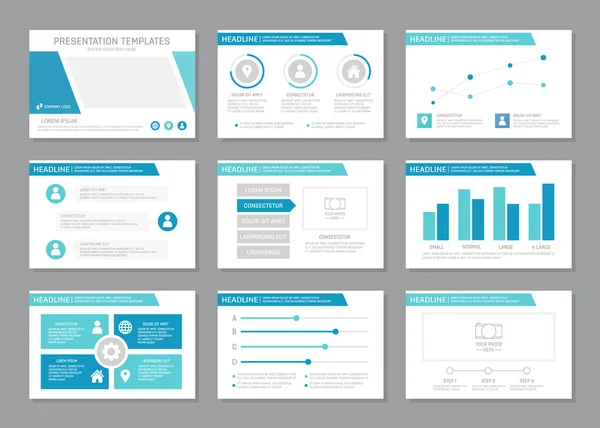 Sada modré šablony pro víceúčelové prezentace snímků s grafy a tabulky. Leták, výroční zpráva, kniha obalový design. — Stockový vektor