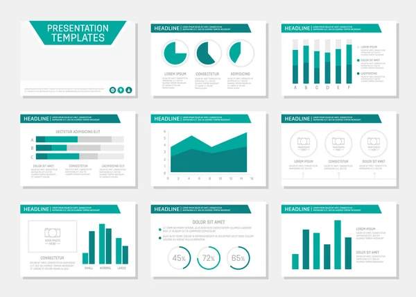 Sada tyrkysové šablony pro víceúčelové prezentace snímků s grafy a tabulky. Leták, výroční zpráva, kniha obalový design. — Stockový vektor