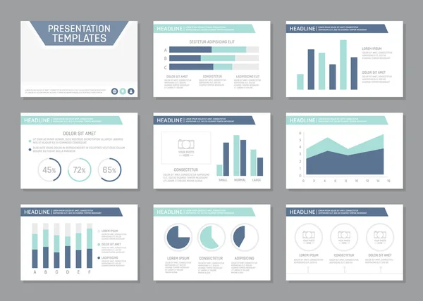 Набір бірюзового та синього шаблонів для багатоцільових слайдів презентацій з графіками та діаграмами. Листівка, щорічний звіт, дизайн обкладинки книг . — стоковий вектор