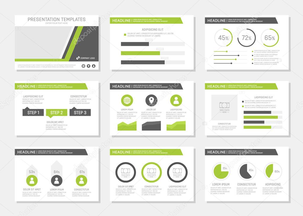 Set of green and gray template for multipurpose presentation slides with graphs and charts. Leaflet, annual report, book cover design.
