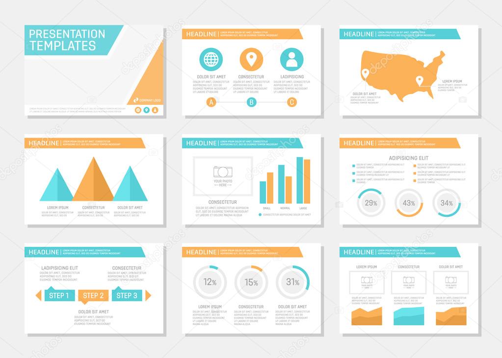 Set of orange and blue template for multipurpose presentation slides with graphs and charts. Leaflet, annual report, book cover design.
