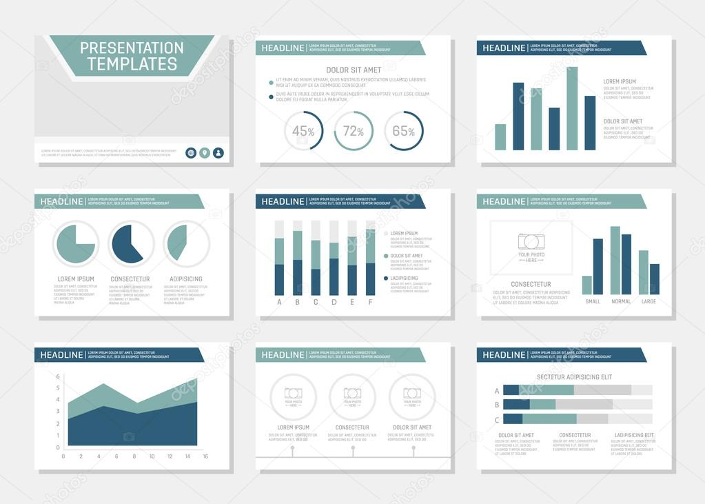 Set of turquoise and blue template for multipurpose presentation slides with graphs and charts. Leaflet, annual report, book cover design.