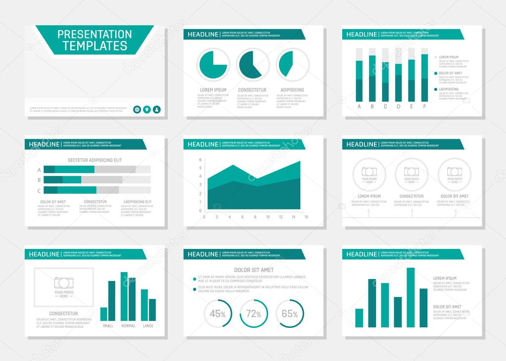 Set of turquoise template for multipurpose presentation slides with graphs and charts. Leaflet, annual report, book cover design.