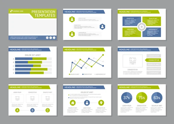 Набір зеленого та синього шаблонів для багатоцільових слайдів презентацій з графіками та діаграмами. Листівка, щорічний звіт, дизайн обкладинки книг . — стоковий вектор