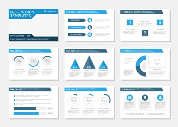 Conjunto de modelo azul para slides de apresentação multiúso com gráficos e gráficos. Folheto, relatório anual, desenho da capa do livro . — Vetor de Stock