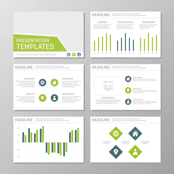 Set of green and blue template for multipurpose presentation slides with graphs and charts. Leaflet, annual report, book cover design. — Stock Vector