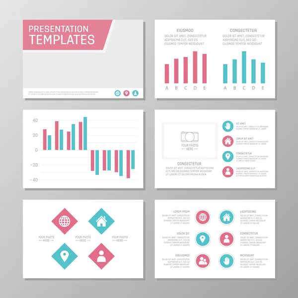 Σετ Τυρκουάζ και ροζ πρότυπο για διαφάνειες παρουσίασης πολλαπλών χρήσεων με γραφήματα και διαγράμματα. Φυλλάδιο, ετήσια έκθεση, σχεδιασμός εξώφυλλων βιβλίων. — Διανυσματικό Αρχείο
