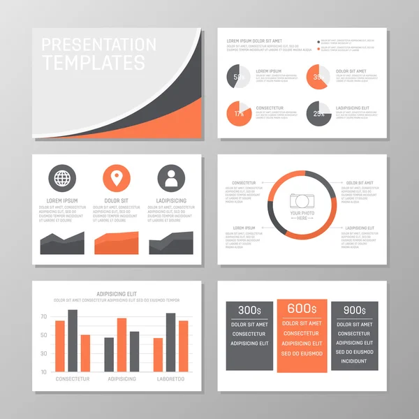 Conjunto de modelo laranja e cinza para slides de apresentação multiúso com gráficos e gráficos. Folheto, relatório anual, desenho da capa do livro . — Vetor de Stock