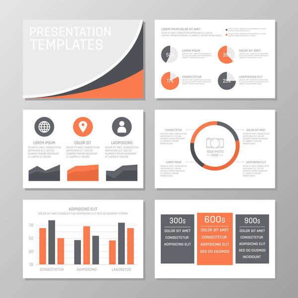 Набор оранжевого и серого шаблонов для многофункциональных слайдов с графиками и диаграммами. Листовка, годовой отчет, дизайн обложки книги
.