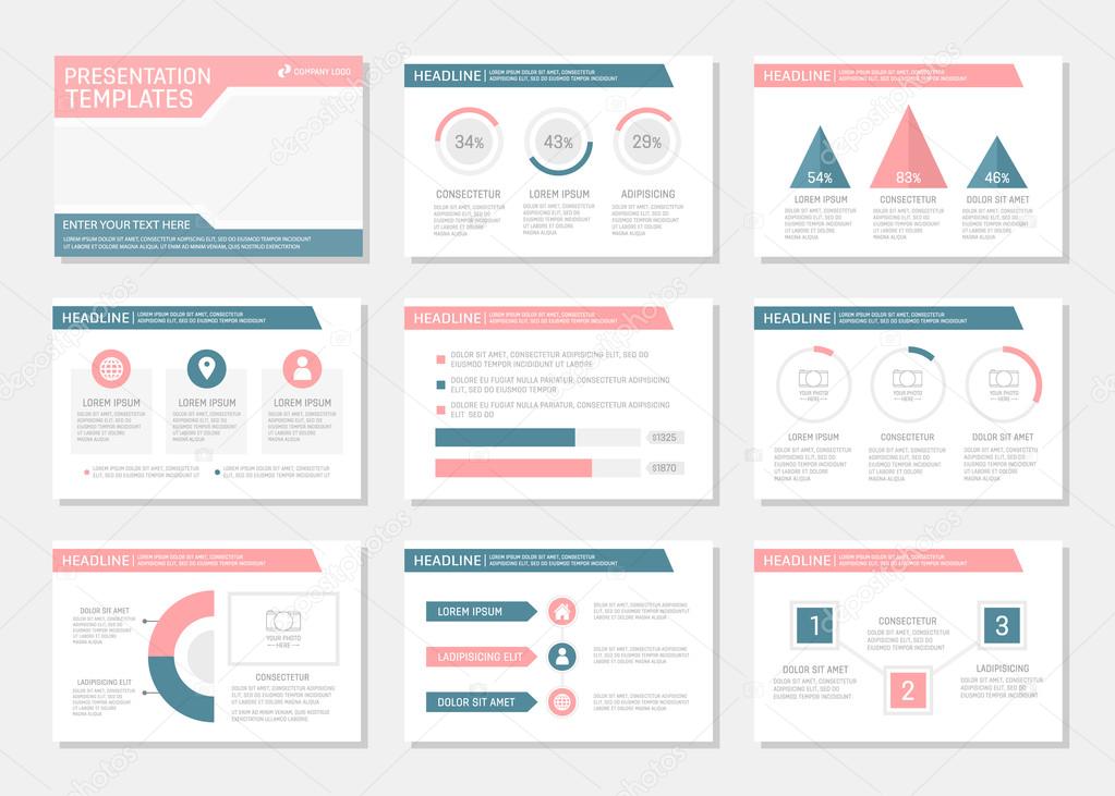 Set of pink and blue template for multipurpose presentation slides with graphs and charts. Leaflet, annual report, book cover design.