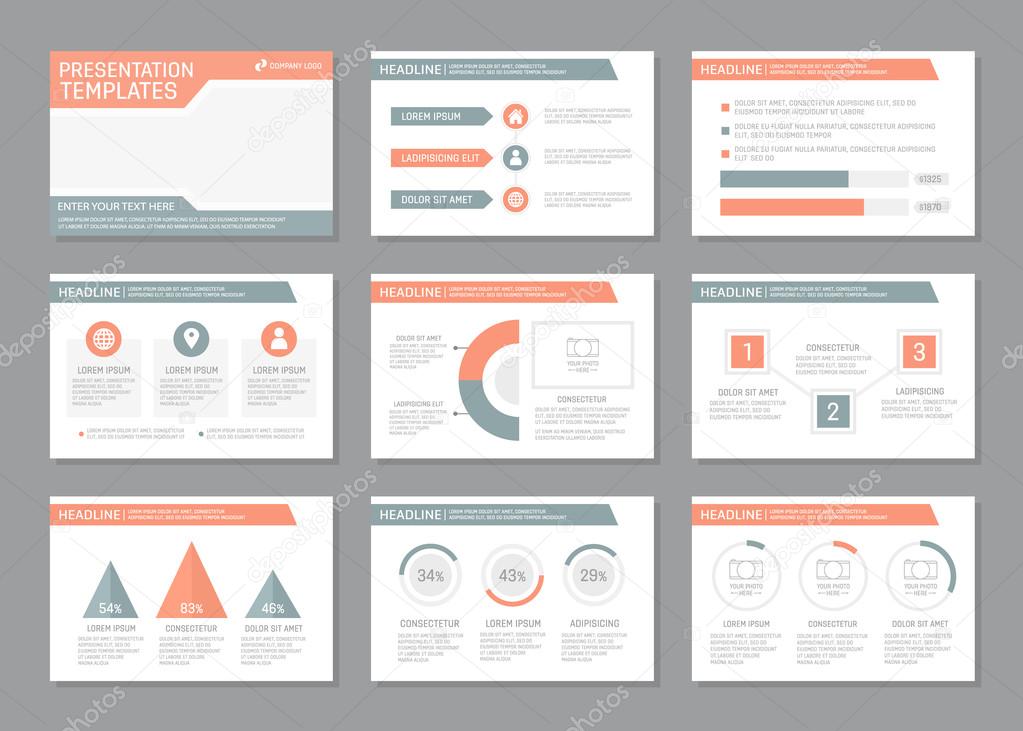 Set of pink and gray template for multipurpose presentation slides with graphs and charts. Leaflet, annual report, book cover design.