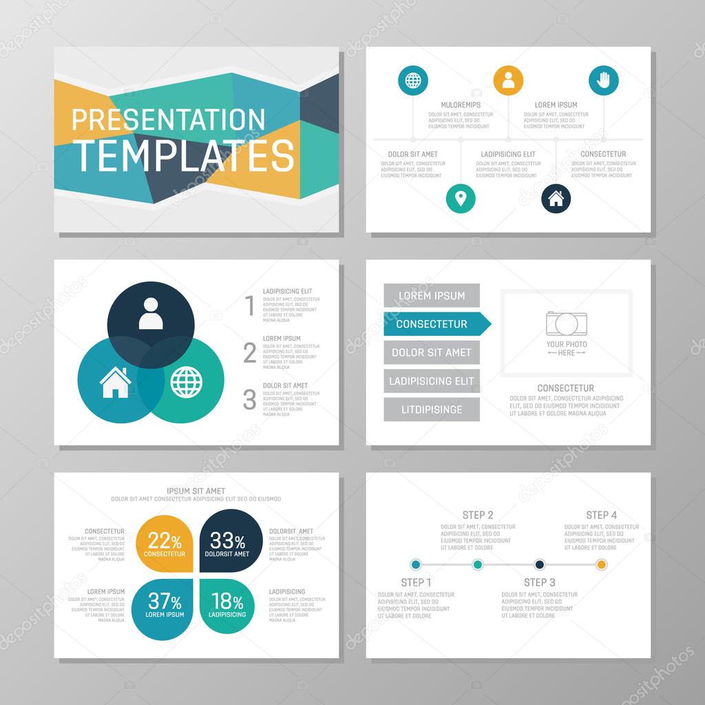 Set of multicolour template for multipurpose presentation slides with graphs and charts. Leaflet, annual report, book cover design.