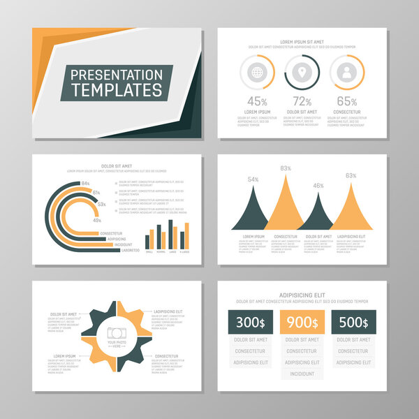 Set of orange and blue template for multipurpose presentation slides with graphs and charts. Leaflet, annual report, book cover design.