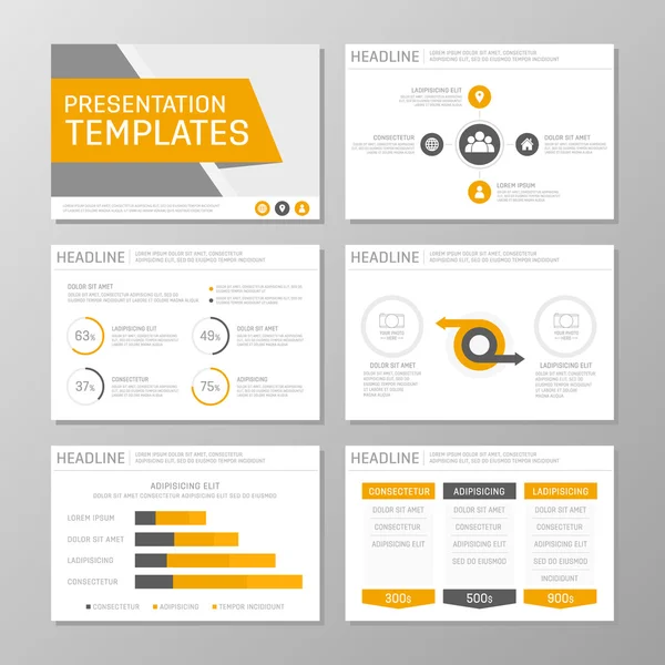 Conjunto de plantillas naranja y gris para diapositivas de presentación polivalentes con gráficos y gráficos. Folleto, informe anual, diseño de portada de libro . — Vector de stock