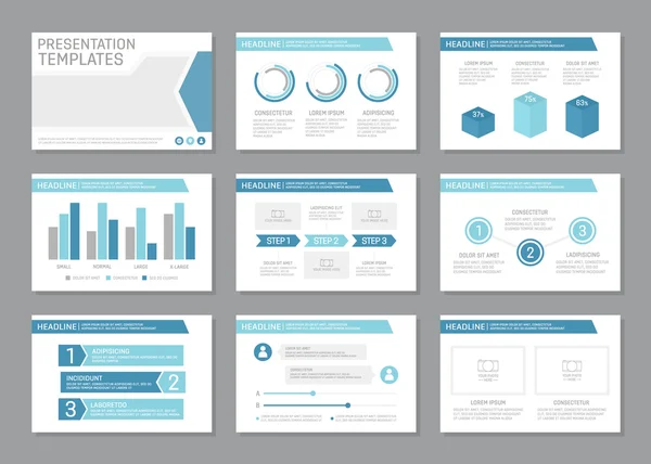 Sada modré šablony pro víceúčelové prezentace snímků s grafy a tabulky. Leták, výroční zpráva, kniha obalový design. — Stockový vektor