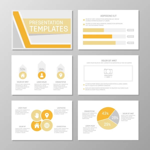 Conjunto de plantillas naranja y gris para diapositivas de presentación polivalentes con gráficos y gráficos. Folleto, informe anual, diseño de portada de libro . — Vector de stock