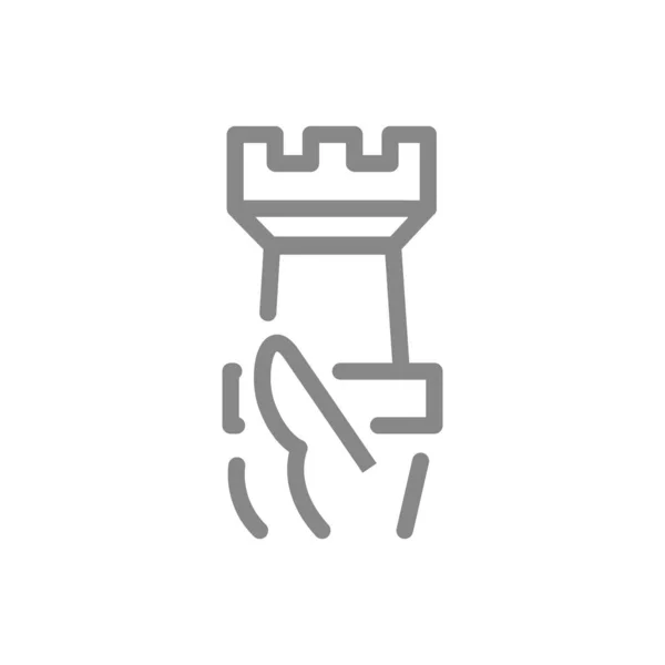 La mano sostiene un icono de línea de ajedrez de torre. Juego de mesa, símbolo de entretenimiento de mesa — Vector de stock