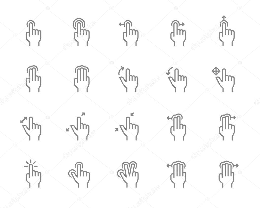 Set of touch screen gestures line icon. Hand click, finger multi touch, cursor pointer and more.