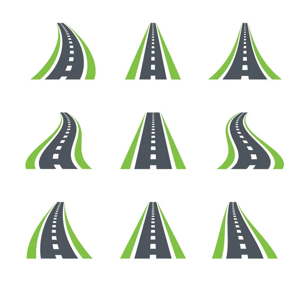 Symbole autostrady. Zakrzywiona koncepcja drogi, jezdni, ikon kierunkowych lub znaków — Wektor stockowy