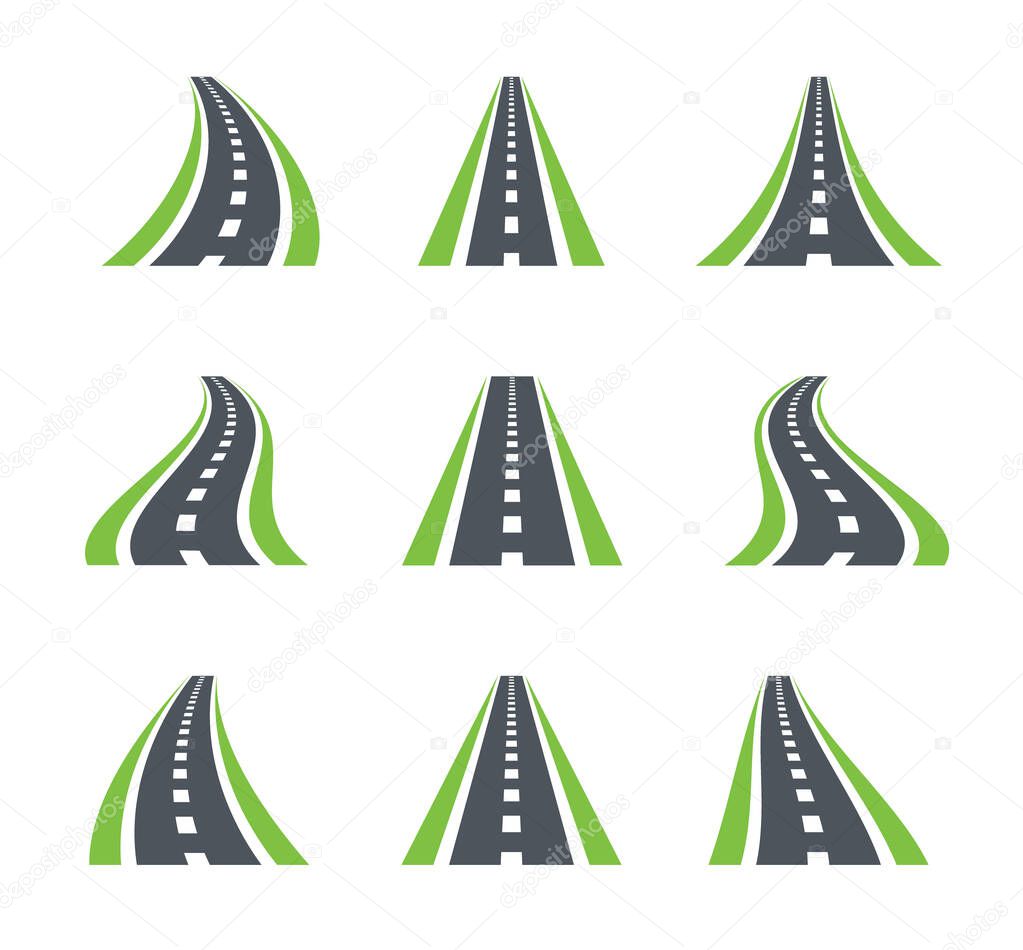 Highway symbols. Curved road, roadway, direction icons or signs concept