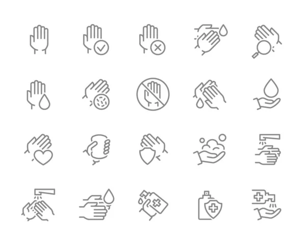 Conjunto de mãos limpas ícone de linha. Parte saudável da extremidade superior livre, doenças da palma, diagnóstico, tratamento e muito mais. —  Vetores de Stock
