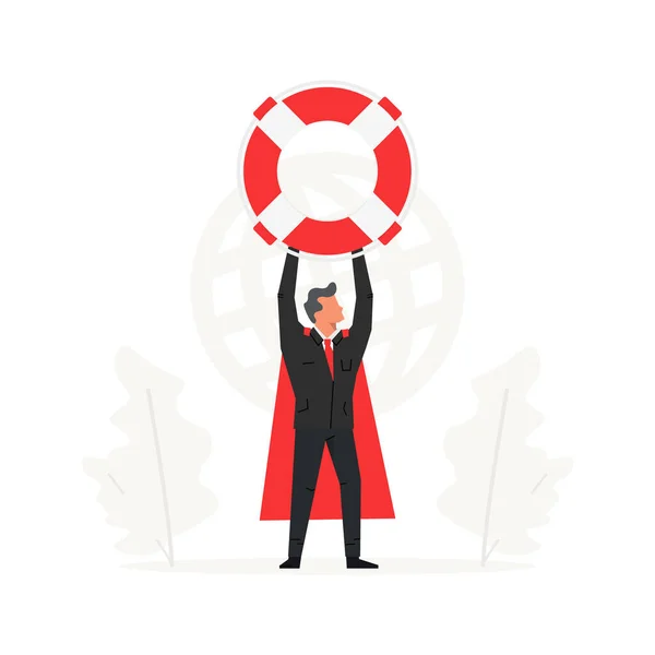 A businessman holds a large lifebuoy above his head. Insurance companies illustration. — Stock Vector