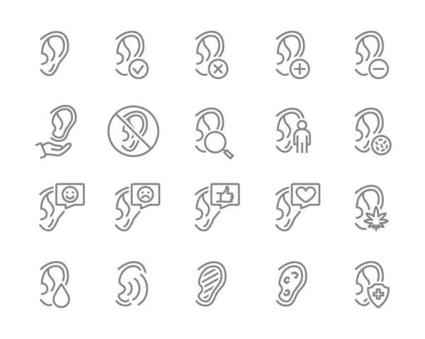 Conjunto de ícono de línea de oído humano. Órgano sano, órgano de la enfermedad auditiva, diagnóstico, tratamiento y más. — Vector de stock
