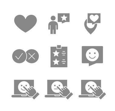 Tüketici geribildirim gri simgeleri. Tanıklıklar, kalite kontrolü, müşteri değerlendirmesi ve daha fazlası..