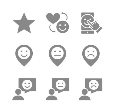 Tüketici ifadeleri gri simgeler. Müşteri değerlendirmesi, değerlendirme, geri bildirim, sosyal ağlar ve daha fazlası.