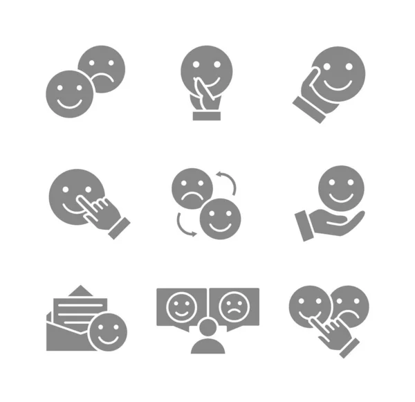 Set di icone grigie con feedback emotivo. Testimonianze, sorriso, sconvolto, viso senza emozioni e altro ancora. — Vettoriale Stock