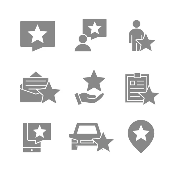 Conjunto de iconos grises de retroalimentación de estrellas. Testimonios, rating, redes sociales, control de calidad y más. — Vector de stock