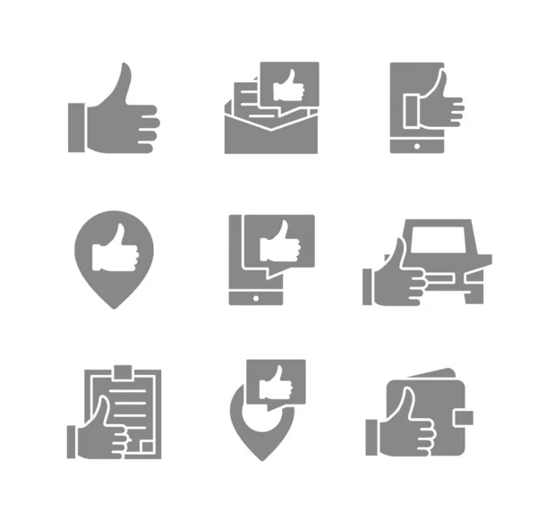 Conjunto de pulgar hacia arriba los iconos grises de retroalimentación. Como, favorito, control de calidad, revisión de clientes y más. — Vector de stock