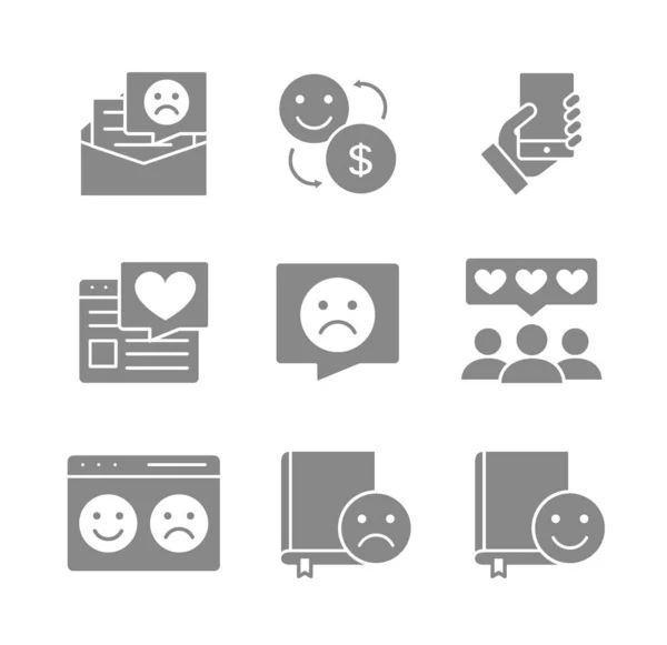 Set di icone grigio feedback. Come e antipatia, carità, favorito, controllo di qualità, recensione del cliente e altro ancora. — Vettoriale Stock
