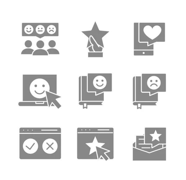 Set di icone grigio feedback. Testimonianze, rating, social network, opinioni dei consumatori e altro ancora. — Vettoriale Stock