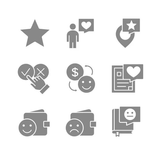 Állítsa be a fogyasztói vélemények szürke ikonok. Visszajelzések, minősítések, közösségi hálózatok, ügyfélvélemények és egyebek. — Stock Vector