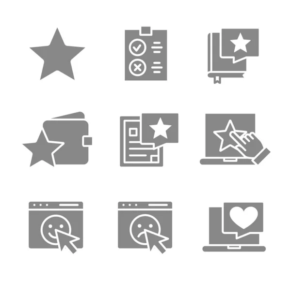Conjunto de iconos grises de retroalimentación de estrellas. Evaluación de clientes, calificación, donación, redes sociales y más. — Vector de stock