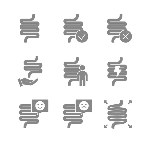 Set di icone grigie dell'intestino umano. Organo interno sano, cura del tratto digestivo, simbolo del trattamento — Vettoriale Stock