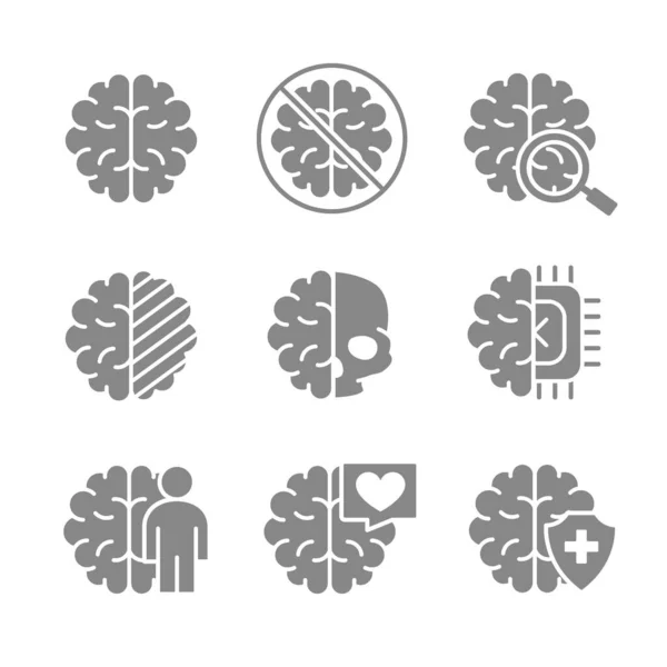 Conjunto de ícone cinza cerebral humano. Órgão interno saudável, doença do órgão da cabeça, diagnóstico, símbolo do tratamento — Vetor de Stock