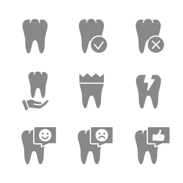 人間の歯の灰色のアイコンのセット。歯の病気、診断、健康管理、治療シンボル — ストックベクタ